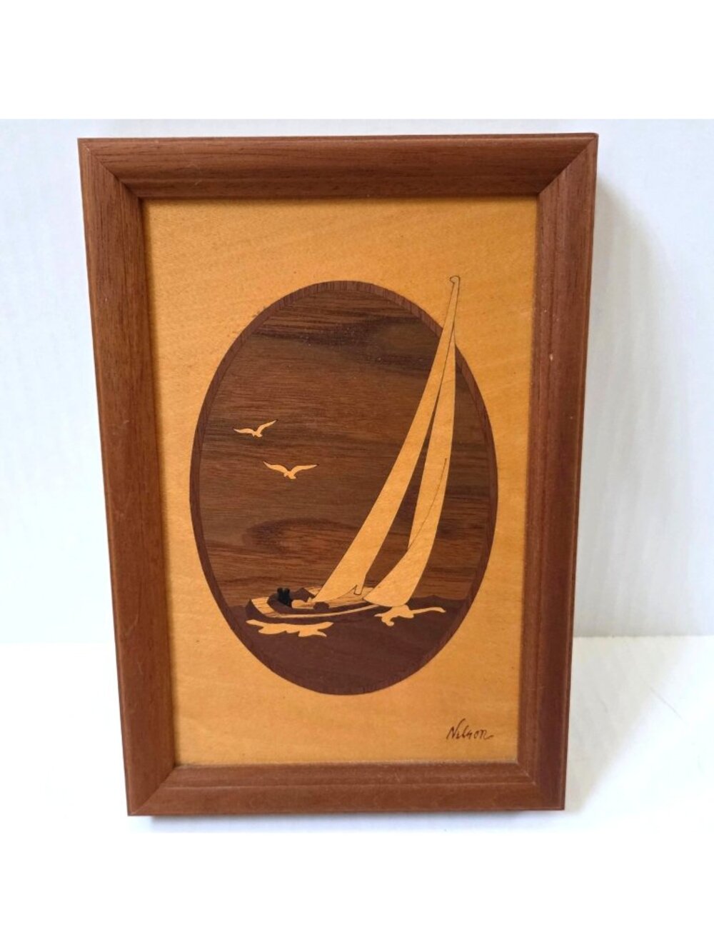 Hudson River Inlay Marquetry Sail Boat Beach Nauitcal Nelson Signed Wood Art